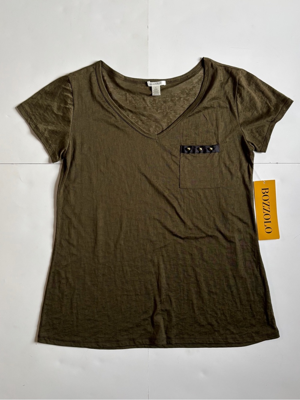 Bozzolo Olive Short-Sleeve V-Neck Pocket Tee with Stud Trim